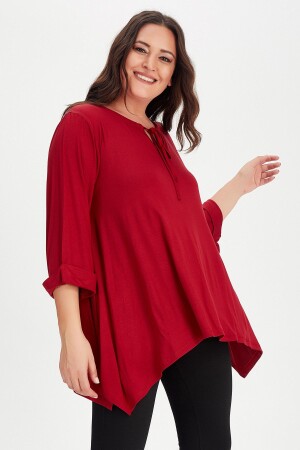 Kadın Bordo Büyük Beden Yaka Bağcıklı Kol Katlamalı Yan Yırtmaçlı Tunik - Moda Cazibe