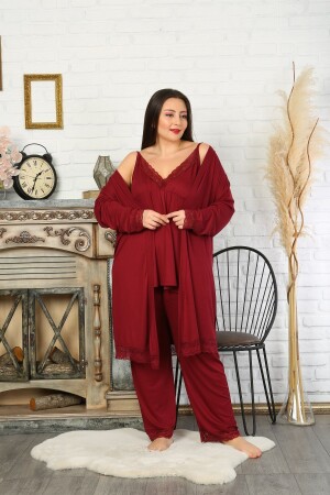 Kadın Büyük Beden Bordo Üçlü Pijama Takımı - Xl Modam