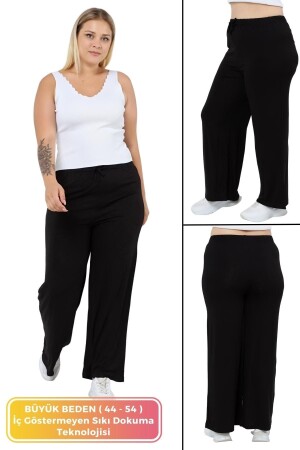 Kadın Büyük Beden Konfor Modeli Beli Lastikli Rahat Likralı Pamuklu Yazlık Geniş Paça Pantolon Siyah - Tarzımsüper