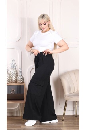 Kadın Büyük Beden Likralı Yüksek Bel Kargo Cep Krep Pantolon 21059 Siyah - Butik Nilyam