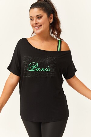 Kadın Büyük Beden Tek Omuz Askılı Taş Baskılı Siyah Bluz - Ebsumu