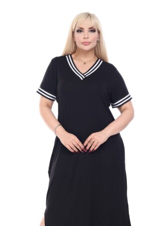 kadın büyük beden v yaka kısa kol midi boy yırtmaçlı 2 cepli yaka ve kol şerit detaylı siyah elbise - Mezura Tekstil