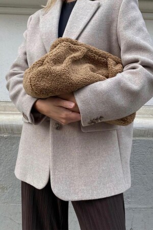 Kadın Camel Peluş Teddy Clutch Portföy Çanta - Bahels