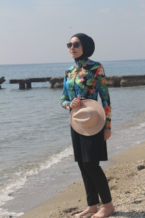 Kadın Desenli Fermuarlı- Siyah Etek- Tunik- Tayt- Bone-tam Kapalı-tesettür Mayo-haşema-burkini - Hoteps