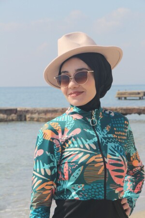Kadın Desenli Fermuarlı - Siyah Etekli- Tunik- Tayt-bone-tam Kapalı -tesettür Mayo-haşema-burkini - Hoteps