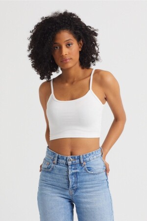 Kadın Ekru Scuba Kumaş İp Askılı Crop Top - The Base