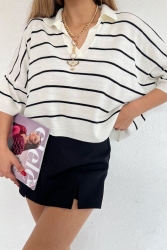 Kadın Ekru Siyah Çizgili Polo Yaka Oversize Triko Bluz MM3313 - LE CARAMBOLE