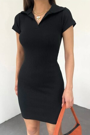 Tailliertes/anliegendes Polo-Ausschnitt-Kurzarmkleid für Damen, Abschlussball, Abschlussfeier, Henna-Hochzeitseinladung, Schwarz - Kozzy