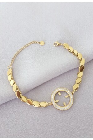 Kadın Gold Arpa Çeyrek Takılan 316 L Çelik Zirkon Taşlı Bileklik - Zd Jewelry