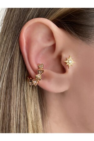Kadın Gold Renkli Piramit Kıkırdak Küpe Earcuff - Okkostore