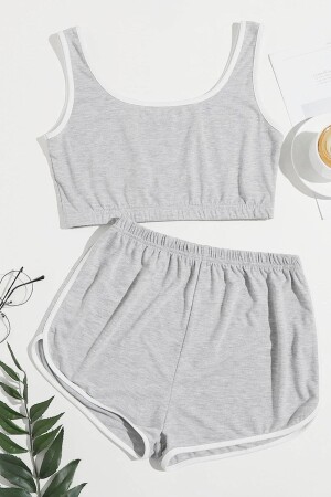 Kadın Gri Askılı Crop Top Ve Şortlu Gecelik Takım - Imoda