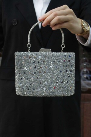 Kadın Gümüş Taşlı Abiye Clutch Portföy Çanta - Roza Canta