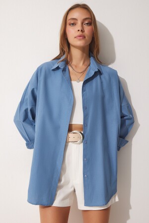 Kadın İndigo Mavi Oversize Uzun Basic Gömlek DD00842 - Happiness İstanbul