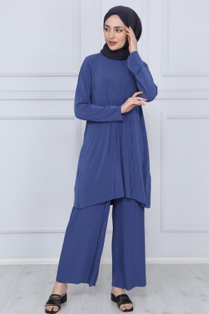 Kadın Indigo Pantolon Tesettür Tunik Piliseli Sandy Ikili Takım 5219 - Ilmek
