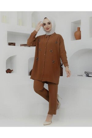 Kadın Kahverengi Taş Işlemeli Keten Kumaş Alt Üst Takım - Eck Moda