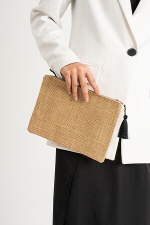 Kadın Keten Hasır Desenli Plaj Portföy Clutch Çanta 25x19 Cm - Defnella