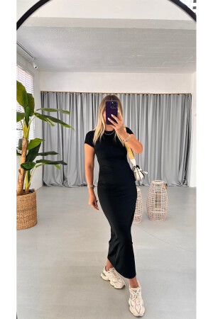 Kadın Kısa Kol Bisiklet Yaka Fitilli Kaşkorse Kumaş Siyah Renk Boy 135 Cm - Maximor