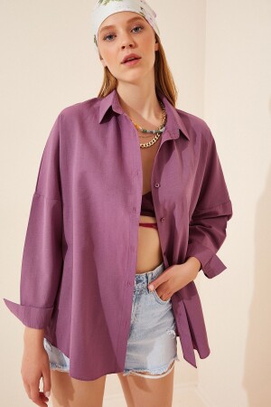 Kadın Koyu Lila Oversize Uzun Basic Gömlek DD00842 - Happiness İstanbul