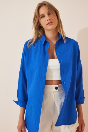 Kadın Koyu Mavi Oversize Uzun Basic Gömlek DD00842 - Happiness İstanbul