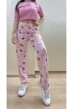 Kadın Lastikli Bel %100 Pamuklu Kurdeleli Desenli Pijama Altı Pembe Karpuz - Betimoda