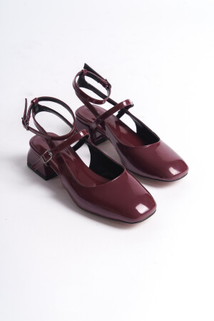 Kadın Mary Jane Bordo Rugan Arkası Açık Kare Burunlu Topuklu Ayakkabı - Dearshoes