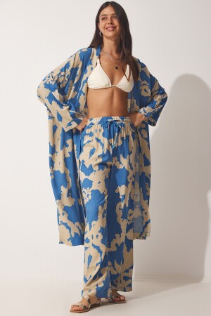 Kadın Mavi Bej Desenli Viskon Kimono Palazzo Pantolon Takım CI00086 - Happiness İstanbul