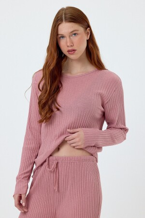 Kadın Mevsimlik Uzun Kollu Fitilli Pudra Pembe Pijama Takımı - Meba
