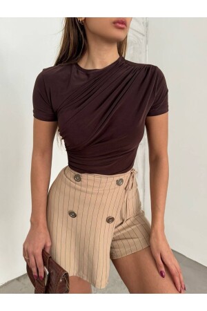 Kadın Omuz ve Bel Drapeli Büzgülü Crop Bluz - Alleyta