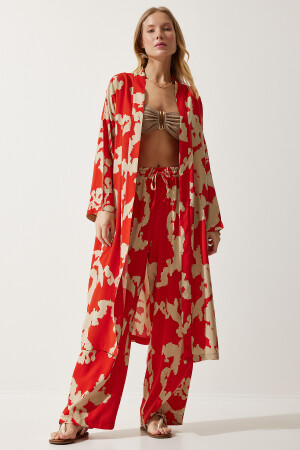 Kadın Oranj Bej Desenli Viskon Kimono Palazzo Pantolon Takım CI00086 - Happiness İstanbul