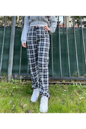 Kadın Pamuklu Ekose Desenli Pijama Altı Eşofman Kurdeleli Siyah Beyaz Kare - Betimoda