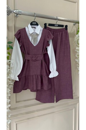 kadın pamuklu Fırfırlı 4'lü Kombin gömlek yelek pantolon kemer tesettür takım - Moda Periy