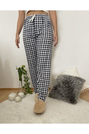 Kadın Pijama Altı Kurdeleli Ekose Lacivert Beyaz Kare - Betimoda