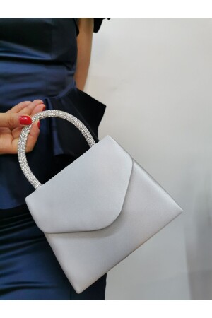 KADIN SATEN GÜMÜŞ ABİYE TAŞLI CLUTCH PORTFÖY EL DÜĞÜN NİŞAN GECE ÇANTASI - Nazart