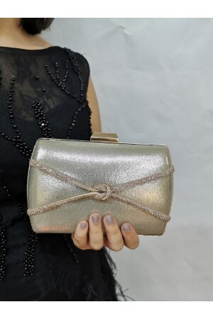 Kadın Sıvama Altın Taşlı Abiye Clutch Portföy El Gece Düğün Nişan Çantası - Nazart
