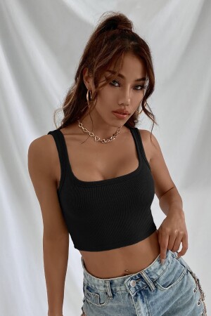 Kadın Siyah Askılı Crop Top Bluz - Imoda