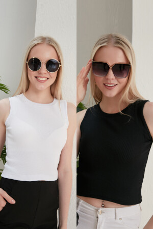 Kadın Siyah Beyaz Halter Yaka 2'li Crop Bluz - Catspy