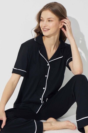 Kadın Siyah-beyaz Kısa Kollu Pamuklu Düğmeli Biyeli Pijama Takım 7352 - Siyah İnci