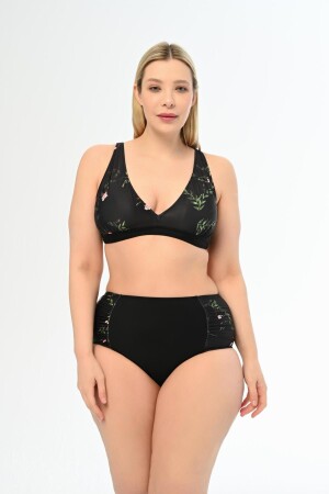 Kadın Siyah Çiçek Desen Büyük Beden Yüksek Bel Kelebek Bikini Takımı - Aquaviva