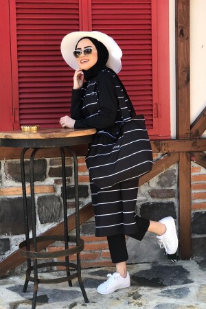 Kadın Siyah Çizgili Tam Kapalı Tesettür Mayo 2'li Set - Minel