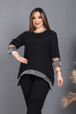 KADIN SİYAH ETEKUCU VE KOL SİMLİ ŞERİTLİ KOL TÜL DETAYLI BLUZ - Hülya Butik