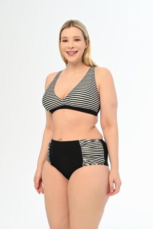 Kadın Siyah İnce Çizgili Büyük Beden Yüksek Bel Kelebek Bikini Takımı - Aquaviva