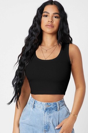 Kadın Siyah Kare Yaka Crop Top Bluz - Imoda
