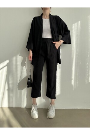 Kadın Siyah Kimono Pantolon Örme Takımı - Bejna