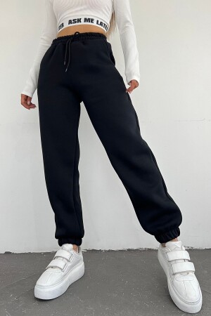Kadın Siyah Kışlık Kalın Içi Polarlı Yüksek Bel Paçası Lastikli Basic Jogger Eşofman Altı - Sun Victoria