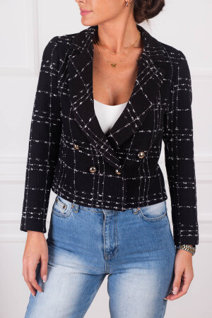 Kadın Siyah Kruvaze Yaka Tüvit Crop Ceket ARM-24K001014 XL - Armonika