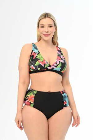 Kadın Siyah Rüzgar Gülü Desen Büyük Beden Yüksek Bel Kelebek Bikini Takımı - Aquaviva