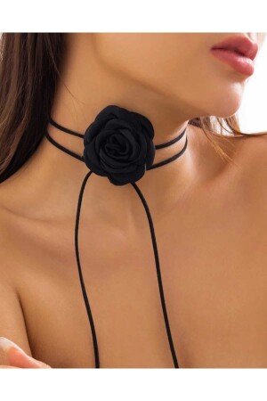 Kadın Siyah Saten Gül Choker Kolye - Monalisatoka