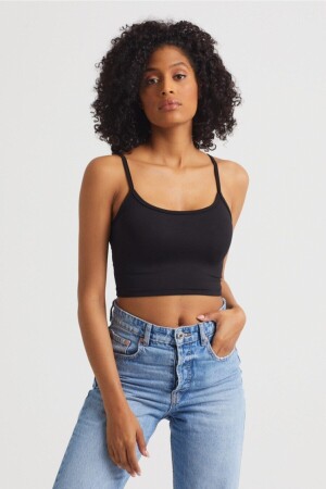 Kadın Siyah Scuba Kumaş İp Askılı Crop Top - The Base