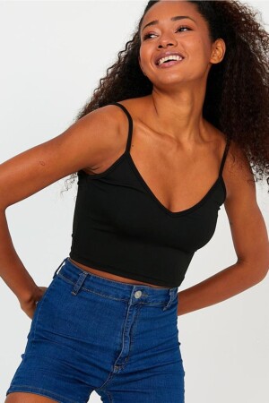 Kadın Siyah Scuba Kumaş Ön Arka V Yaka Ip Askılı Crop Top - The Base