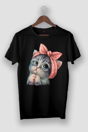 Kadın Siyah Sevimli Minik Kedi Baskılı T-shirt - Viptasarımtshirt